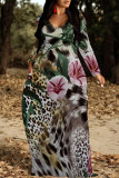 Blue Gray Casual Butterfly Leopard Print Long Sleeve Floor Length Loose Vacation Baggy Maxi Dress