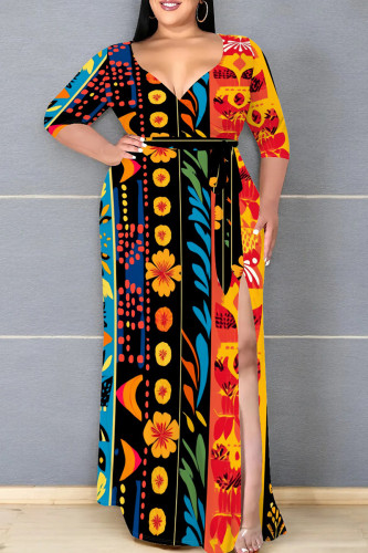 Colour Casual Print Patchwork Slit Strap Design V Neck Long Plus Size Dresses