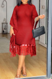 White Stripe Print O Neck Flared Sleeves Fringe Hem Wrapped Skirt Formal Evening Party Midi Dresses