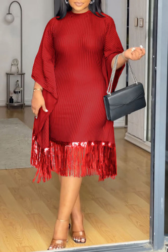 Red Stripe Print O Neck Flared Sleeves Fringe Hem Wrapped Skirt Formal Evening Party Midi Dresses