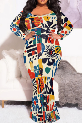 Light Khaki Casual Boho Floral Print O Neck Long Sleeve Long Formal Party Evening Plus Size Bodycon Maxi Dress