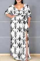 White Black Casual Print Patchwork Slit Strap Design V Neck Long Plus Size Dresses