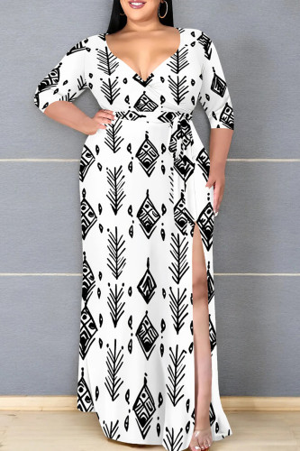 White Black Casual Print Patchwork Slit Strap Design V Neck Long Plus Size Dresses