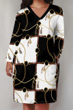 Black Gray Casual Chain Leopard Print Pocket V Neck Long Sleeve Pockets Straight Loose Midi T-Shirt Dress