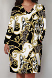 Black Gray Casual Chain Leopard Print Pocket V Neck Long Sleeve Pockets Straight Loose Midi T-Shirt Dress