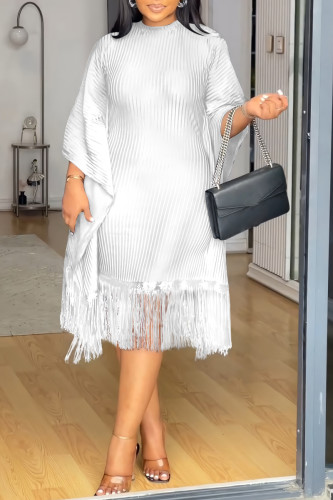 White Stripe Print O Neck Flared Sleeves Fringe Hem Wrapped Skirt Formal Evening Party Midi Dresses