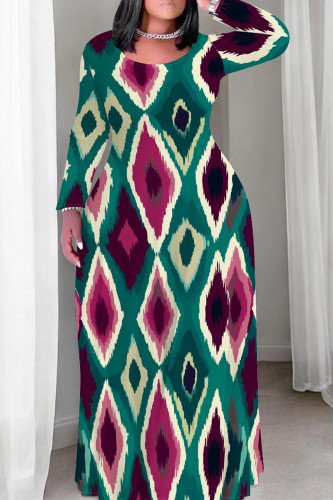 Green Casual Graphcis Print Long Sleeve Floor Length Loose Vacation Baggy Maxi Dress