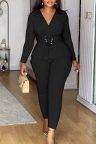 Black Deep V Neck Long Sleeve Cross Straps Blouse And Skinny Pants Formal Office Lady Two Pieces Trouser Sets