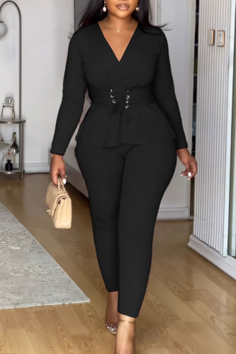 Black Deep V Neck Long Sleeve Cross Straps Blouse And Skinny Pants Formal Office Lady Two Pieces Trouser Sets