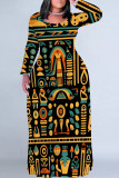 Multicolor Casual National Totem Print Pocket Long Sleeve Floor Length Loose Vacation Baggy Plus Size Maxi Dress