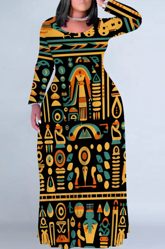 Black Yellow Casual National Totem Print Pocket Long Sleeve Floor Length Loose Vacation Baggy Plus Size Maxi Dress