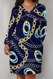 Black Gray Casual Chain Leopard Print Pocket V Neck Long Sleeve Pockets Straight Loose Midi T-Shirt Dress