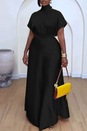 Black Turtleneck Short Sleeve Pants Knotted Blouse And Wide Leg Pants Formal Office Lady Two Pieces Trouser Sets