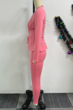 Pink Deep V Neck Long Sleeve Cross Straps Blouse And Skinny Pants Formal Office Lady Two Pieces Trouser Sets