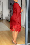 White Stripe Print O Neck Flared Sleeves Fringe Hem Wrapped Skirt Formal Evening Party Midi Dresses