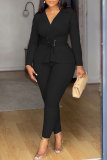 Pink Deep V Neck Long Sleeve Cross Straps Blouse And Skinny Pants Formal Office Lady Two Pieces Trouser Sets