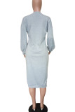 Black Casual Figure Print Beading O Neck Long Sleeve Long Bodycon Maxi Dresses