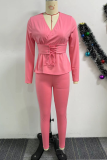 Pink Deep V Neck Long Sleeve Cross Straps Blouse And Skinny Pants Formal Office Lady Two Pieces Trouser Sets
