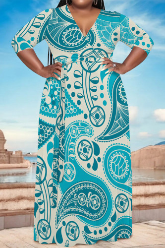 Light Blue Casual Geometric Print V Neck 3/4 Sleeve Floor Length Vacation Long Loose Maxi Dress