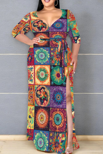 Multicolor Casual Print Patchwork Slit Strap Design V Neck Long Plus Size Dresses