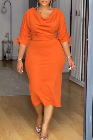 Orange Long SLeeve Pile Heap Collar Draw String Slit Ruched Wrapped Skirt Formal Office Lady Bodycon Midi Dress
