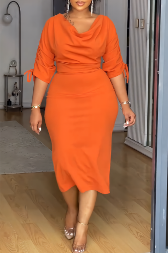 Orange Long SLeeve Pile Heap Collar Draw String Slit Ruched Wrapped Skirt Formal Office Lady Bodycon Midi Dress