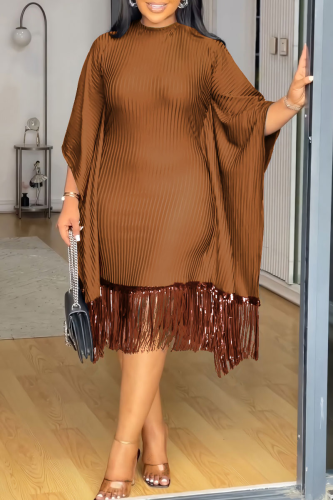 Brown Stripe Print O Neck Flared Sleeves Fringe Hem Wrapped Skirt Formal Evening Party Midi Dresses