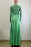 Green Letter Print Turtleneck Long Sleeve Tops Ruched Maxi Skirt Formal Evening Party Two Pieces Trouser Sets