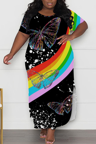 Black Casual Striped Butterfly Print O Neck Short Sleeve Side Slit Long Plus Size T-shirt Midi Dresses