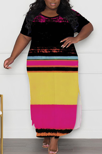 Black Yellow Casual Striped Butterfly Print O Neck Short Sleeve Side Slit Long Plus Size T-shirt Midi Dresses