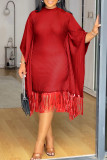 White Stripe Print O Neck Flared Sleeves Fringe Hem Wrapped Skirt Formal Evening Party Midi Dresses