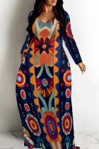 Tibetan Blue Casual Graphcis Print Long Sleeve Floor Length Loose Vacation Baggy Maxi Dress
