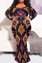 Purple Orange Casual Boho Floral Print O Neck Long Sleeve Long Formal Party Evening Plus Size Bodycon Maxi Dress