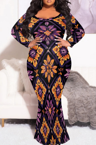 Purple Orange Casual Boho Floral Print O Neck Long Sleeve Long Formal Party Evening Plus Size Bodycon Maxi Dress