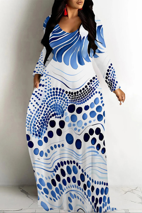 White Casual Butterfly Leopard Print Long Sleeve Floor Length Loose Vacation Baggy Maxi Dress