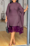 White Stripe Print O Neck Flared Sleeves Fringe Hem Wrapped Skirt Formal Evening Party Midi Dresses