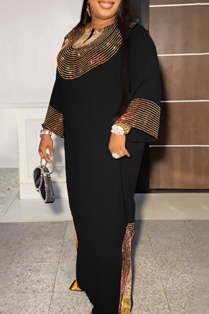 Gold Hot Drill O Neck Long Sleeve Slit Long Formal Party Evening Vacation Plus Size Maxi Dresses
