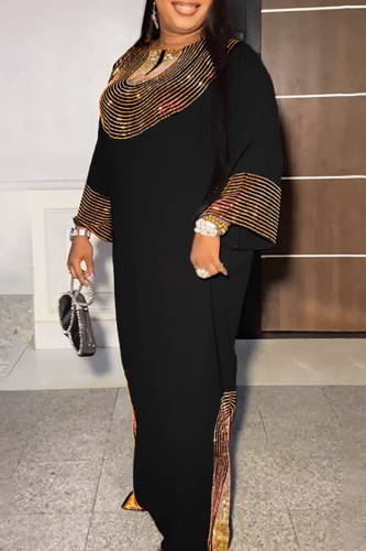 Gold Hot Drill O Neck Long Sleeve Slit Long Formal Party Evening Vacation Plus Size Maxi Dresses
