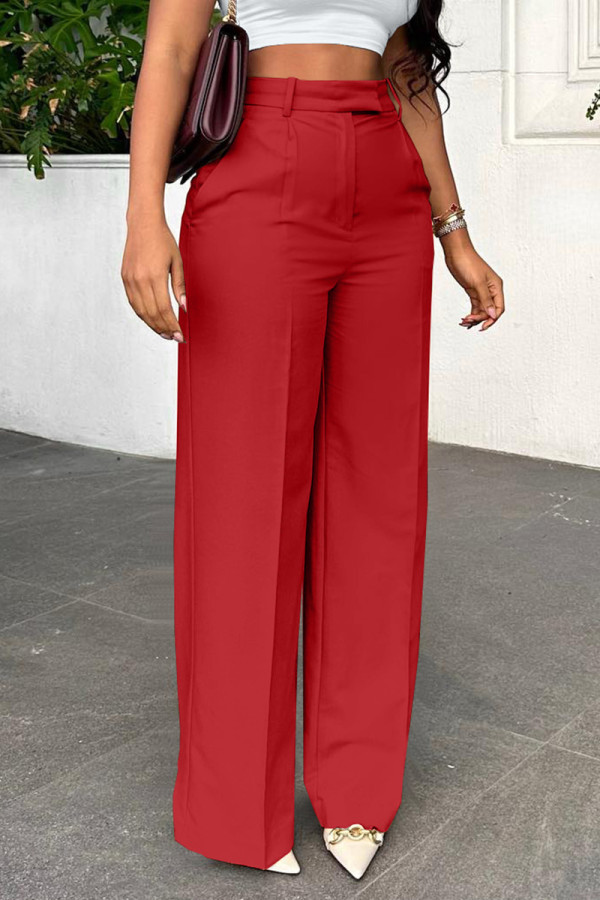 Red Casual Solid Color Pocket Zipper Patchwork Loose High Waist Wide Leg Patchwork Bottoms