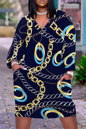 Tibetan Blue Casual Chain Leopard Print Pocket V Neck Long Sleeve Pockets Straight Loose Midi T-Shirt Dress