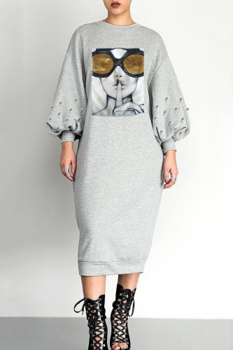 Grey Casual Figure Print Beading O Neck Long Sleeve Long Bodycon Maxi Dresses