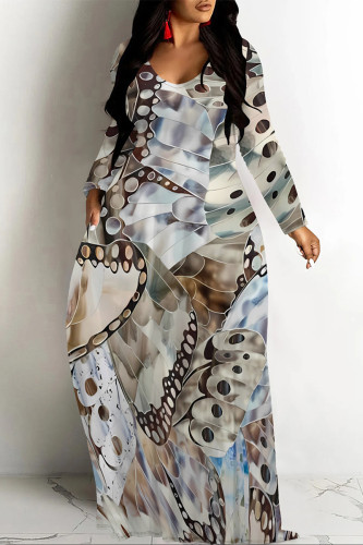 Blue Gray Casual Butterfly Leopard Print Long Sleeve Floor Length Loose Vacation Baggy Maxi Dress