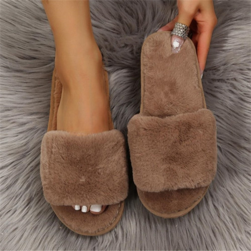 Brown Casual Fluffy Slippers Round Comfortable Indoor Non-Slip Shoes