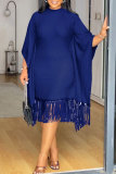 White Stripe Print O Neck Flared Sleeves Fringe Hem Wrapped Skirt Formal Evening Party Midi Dresses