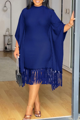 Blue Stripe Print O Neck Flared Sleeves Fringe Hem Wrapped Skirt Formal Evening Party Midi Dresses