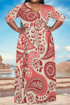 Red Casual Geometric Print V Neck 3/4 Sleeve Floor Length Vacation Long Loose Maxi Dress