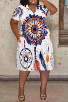 White Casual Print V Neck Short Sleeve Straight Vacation Plus Size Midi T-shirt Dresses