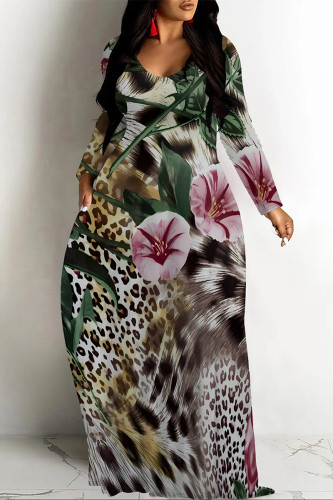 Leopard Print Casual Butterfly Leopard Print Long Sleeve Floor Length Loose Vacation Baggy Maxi Dress