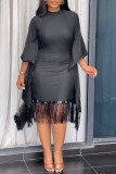 White Stripe Print O Neck Flared Sleeves Fringe Hem Wrapped Skirt Formal Evening Party Midi Dresses