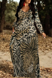 Blue Gray Casual Butterfly Leopard Print Long Sleeve Floor Length Loose Vacation Baggy Maxi Dress